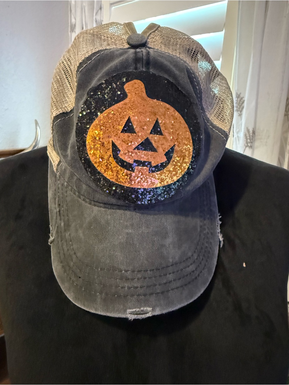 Women's Black Trucker Hat with Glitter Orange Pumpkin Patch Halloween 100%Cotton